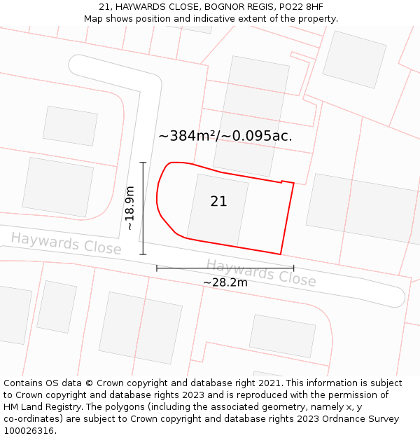 21, HAYWARDS CLOSE, BOGNOR REGIS, PO22 8HF: Plot and title map