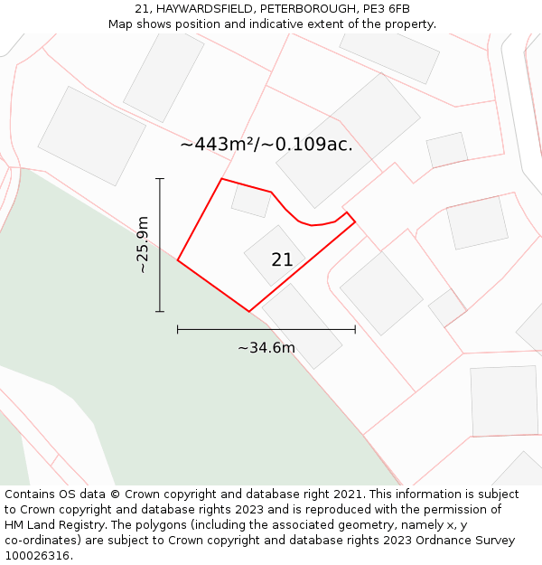 21, HAYWARDSFIELD, PETERBOROUGH, PE3 6FB: Plot and title map