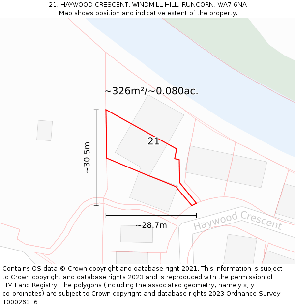 21, HAYWOOD CRESCENT, WINDMILL HILL, RUNCORN, WA7 6NA: Plot and title map