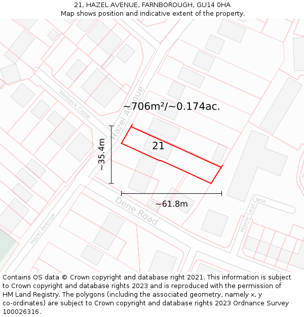 21, HAZEL AVENUE, FARNBOROUGH, GU14 0HA: Plot and title map