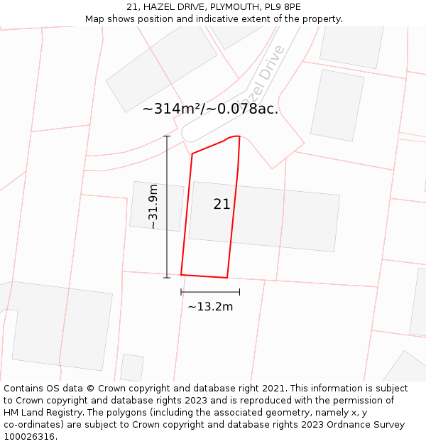 21, HAZEL DRIVE, PLYMOUTH, PL9 8PE: Plot and title map