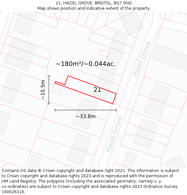 21, HAZEL GROVE, BRISTOL, BS7 0NG: Plot and title map