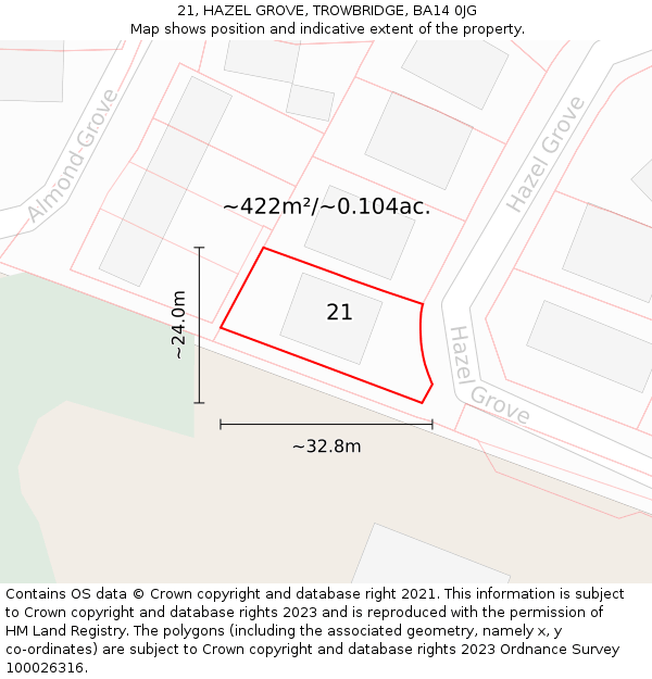 21, HAZEL GROVE, TROWBRIDGE, BA14 0JG: Plot and title map