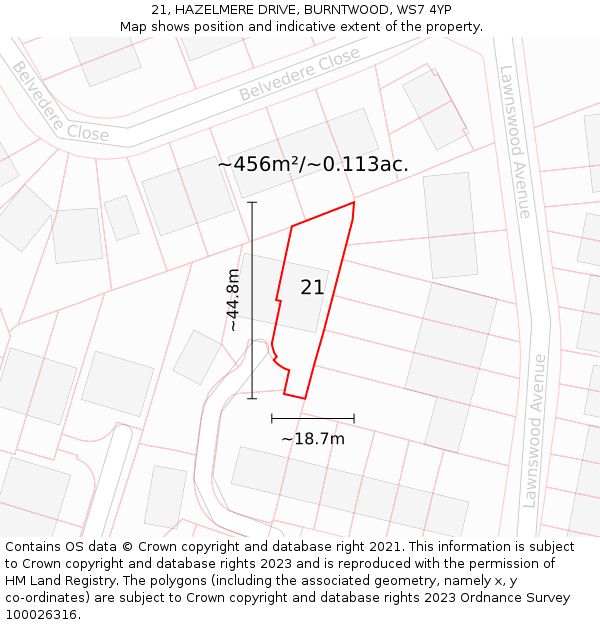 21, HAZELMERE DRIVE, BURNTWOOD, WS7 4YP: Plot and title map