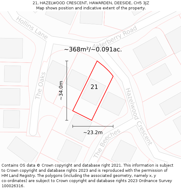 21, HAZELWOOD CRESCENT, HAWARDEN, DEESIDE, CH5 3JZ: Plot and title map