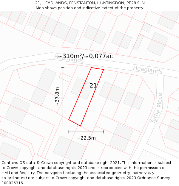 21, HEADLANDS, FENSTANTON, HUNTINGDON, PE28 9LN: Plot and title map