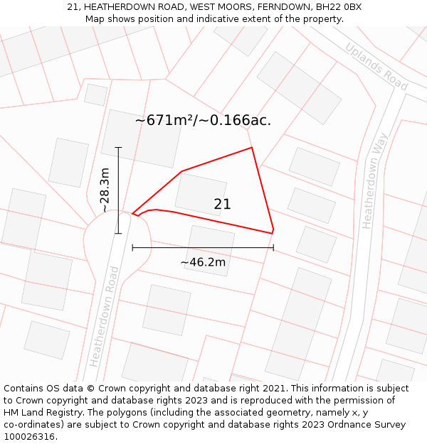 21, HEATHERDOWN ROAD, WEST MOORS, FERNDOWN, BH22 0BX: Plot and title map
