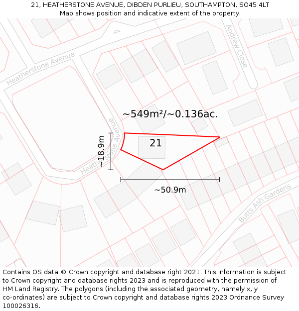 21, HEATHERSTONE AVENUE, DIBDEN PURLIEU, SOUTHAMPTON, SO45 4LT: Plot and title map