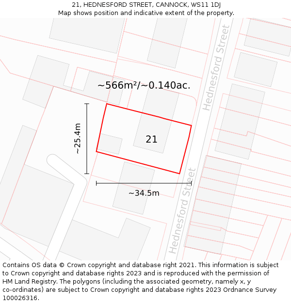 21, HEDNESFORD STREET, CANNOCK, WS11 1DJ: Plot and title map