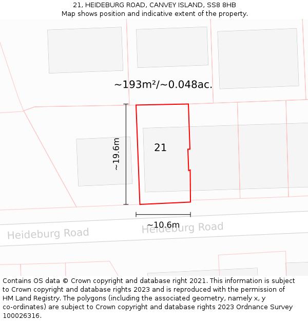 21, HEIDEBURG ROAD, CANVEY ISLAND, SS8 8HB: Plot and title map