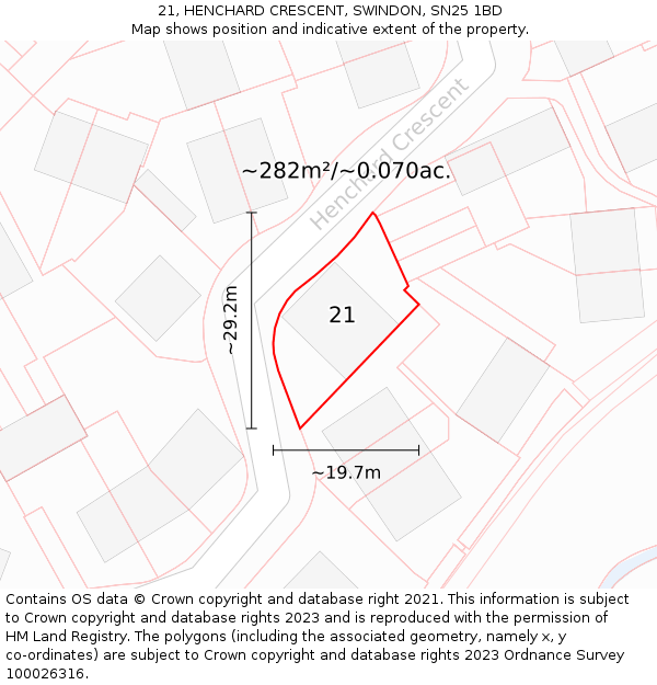 21, HENCHARD CRESCENT, SWINDON, SN25 1BD: Plot and title map