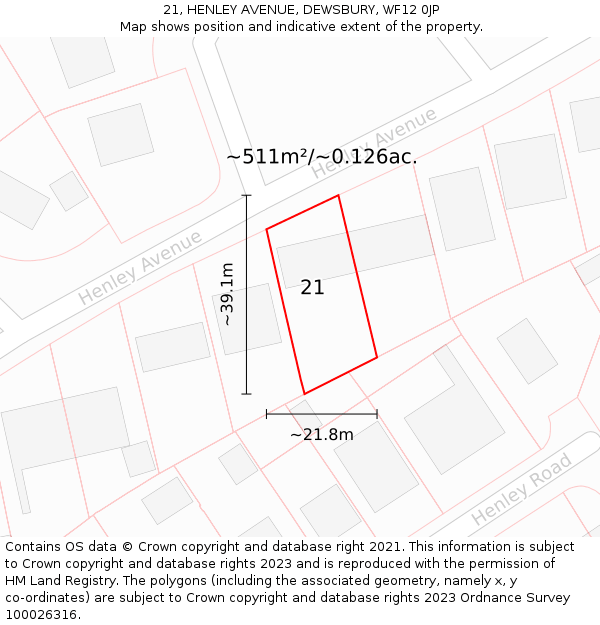 21, HENLEY AVENUE, DEWSBURY, WF12 0JP: Plot and title map