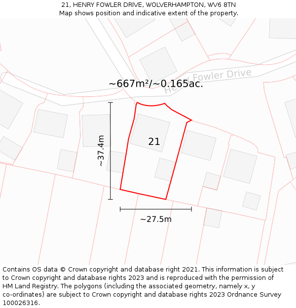 21, HENRY FOWLER DRIVE, WOLVERHAMPTON, WV6 8TN: Plot and title map