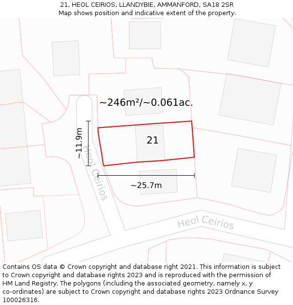 21, HEOL CEIRIOS, LLANDYBIE, AMMANFORD, SA18 2SR: Plot and title map