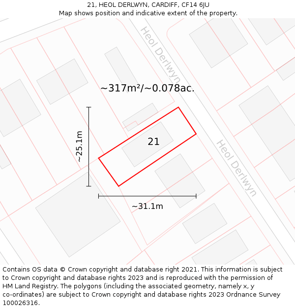 21, HEOL DERLWYN, CARDIFF, CF14 6JU: Plot and title map