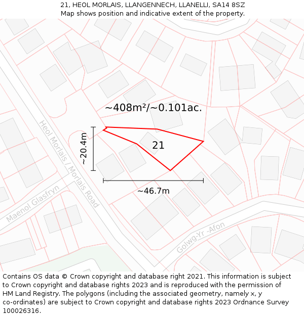 21, HEOL MORLAIS, LLANGENNECH, LLANELLI, SA14 8SZ: Plot and title map