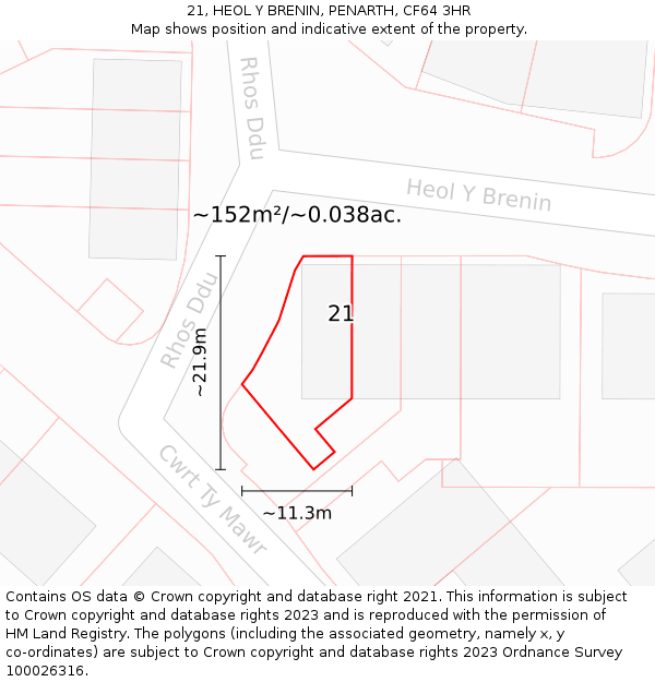 21, HEOL Y BRENIN, PENARTH, CF64 3HR: Plot and title map