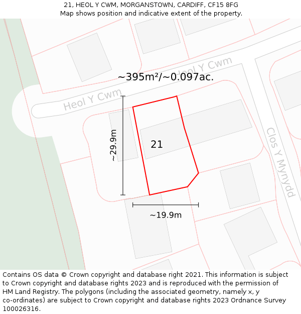 21, HEOL Y CWM, MORGANSTOWN, CARDIFF, CF15 8FG: Plot and title map