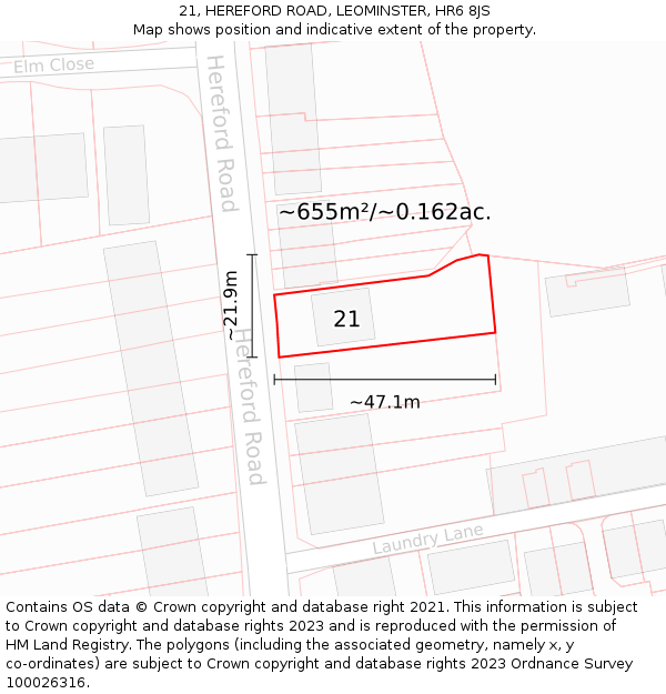 21, HEREFORD ROAD, LEOMINSTER, HR6 8JS: Plot and title map