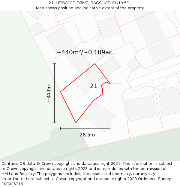 21, HEYWOOD DRIVE, BAGSHOT, GU19 5DL: Plot and title map