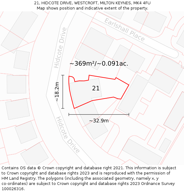 21, HIDCOTE DRIVE, WESTCROFT, MILTON KEYNES, MK4 4FU: Plot and title map