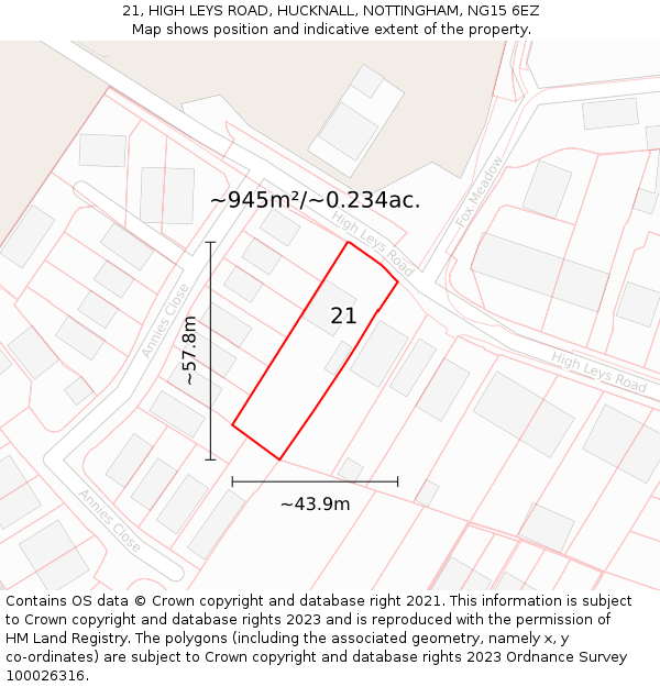 21, HIGH LEYS ROAD, HUCKNALL, NOTTINGHAM, NG15 6EZ: Plot and title map