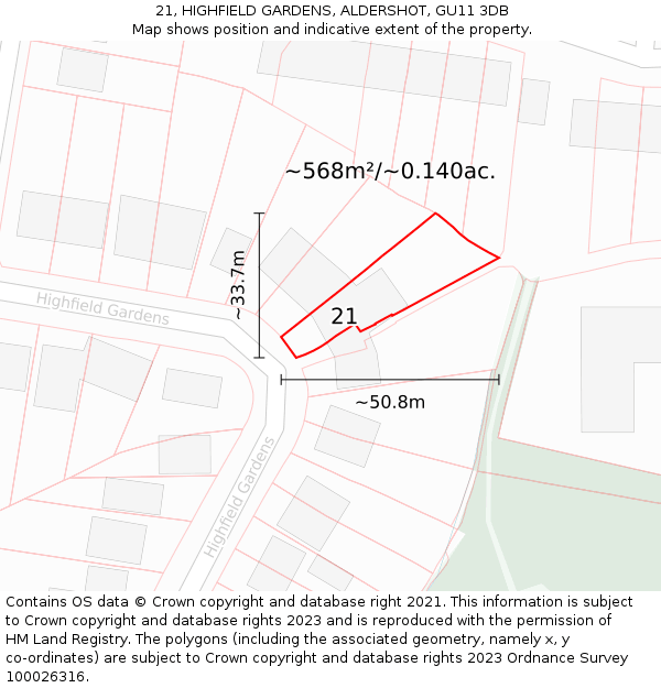 21, HIGHFIELD GARDENS, ALDERSHOT, GU11 3DB: Plot and title map