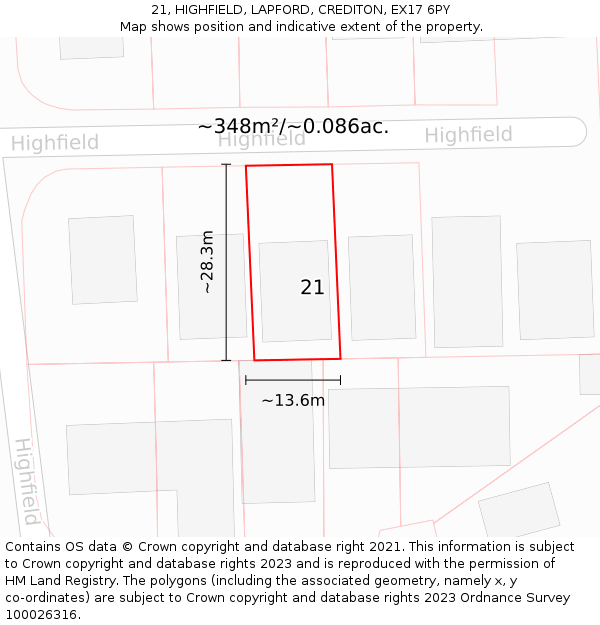 21, HIGHFIELD, LAPFORD, CREDITON, EX17 6PY: Plot and title map