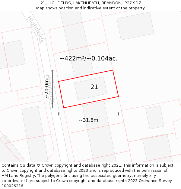 21, HIGHFIELDS, LAKENHEATH, BRANDON, IP27 9DZ: Plot and title map