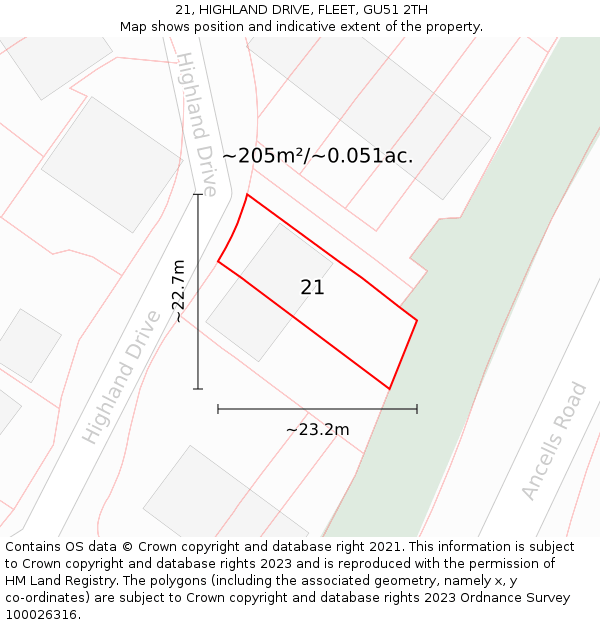 21, HIGHLAND DRIVE, FLEET, GU51 2TH: Plot and title map