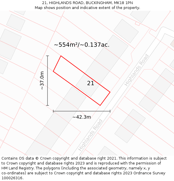21, HIGHLANDS ROAD, BUCKINGHAM, MK18 1PN: Plot and title map