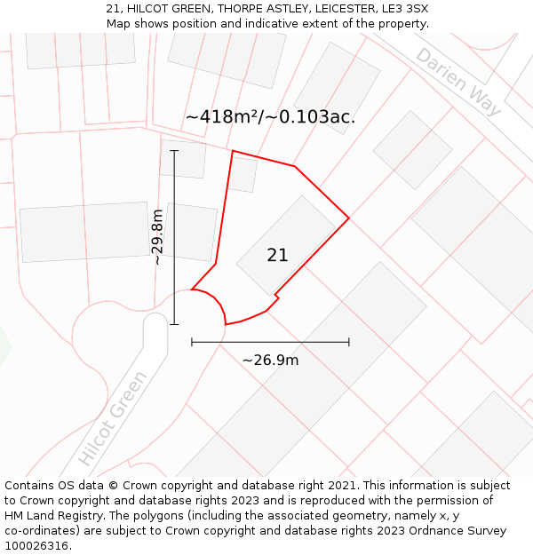 21, HILCOT GREEN, THORPE ASTLEY, LEICESTER, LE3 3SX: Plot and title map
