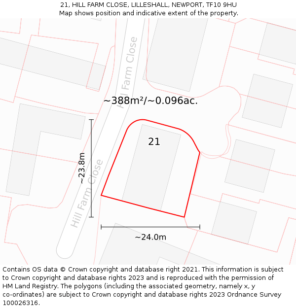 21, HILL FARM CLOSE, LILLESHALL, NEWPORT, TF10 9HU: Plot and title map
