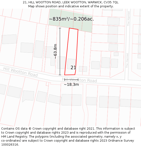 21, HILL WOOTTON ROAD, LEEK WOOTTON, WARWICK, CV35 7QL: Plot and title map
