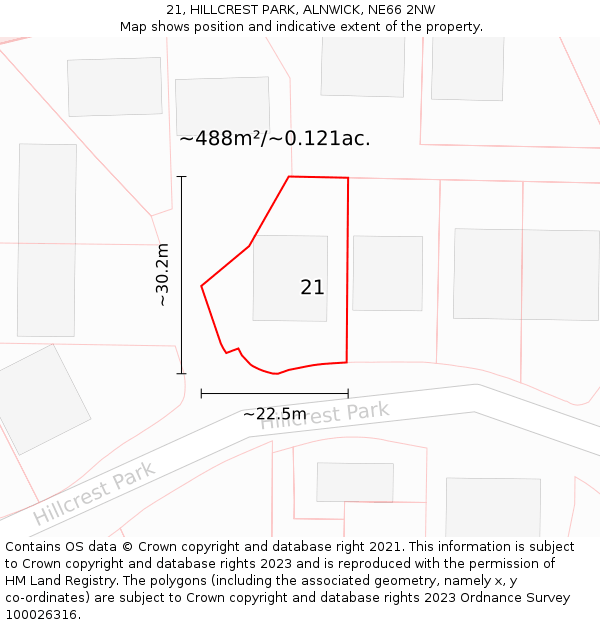 21, HILLCREST PARK, ALNWICK, NE66 2NW: Plot and title map