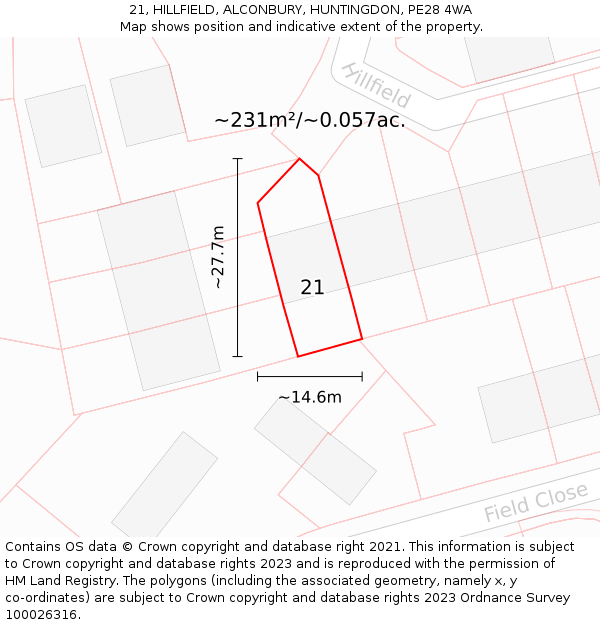 21, HILLFIELD, ALCONBURY, HUNTINGDON, PE28 4WA: Plot and title map