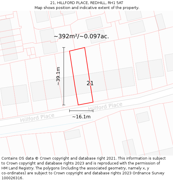 21, HILLFORD PLACE, REDHILL, RH1 5AT: Plot and title map