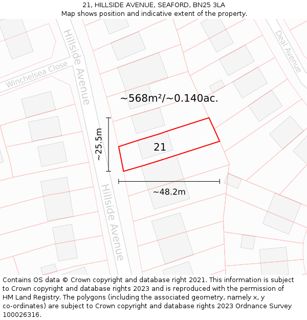 21, HILLSIDE AVENUE, SEAFORD, BN25 3LA: Plot and title map