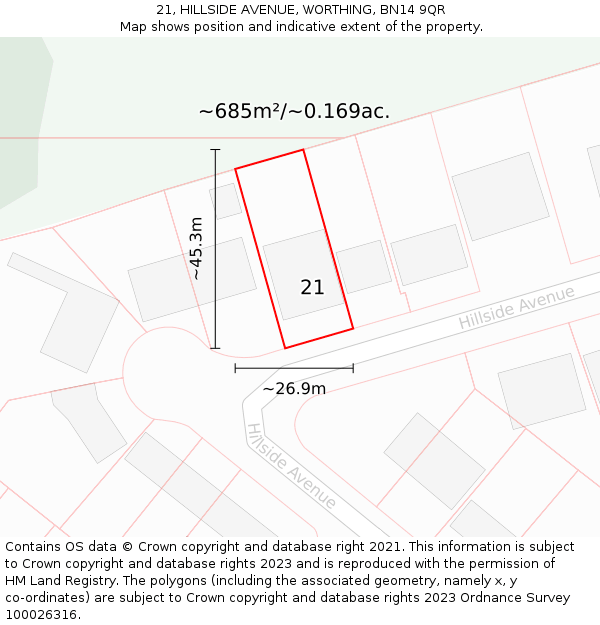 21, HILLSIDE AVENUE, WORTHING, BN14 9QR: Plot and title map