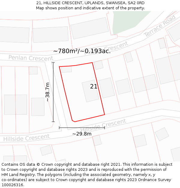 21, HILLSIDE CRESCENT, UPLANDS, SWANSEA, SA2 0RD: Plot and title map