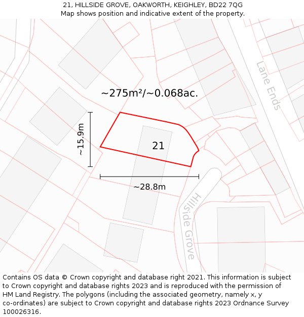 21, HILLSIDE GROVE, OAKWORTH, KEIGHLEY, BD22 7QG: Plot and title map
