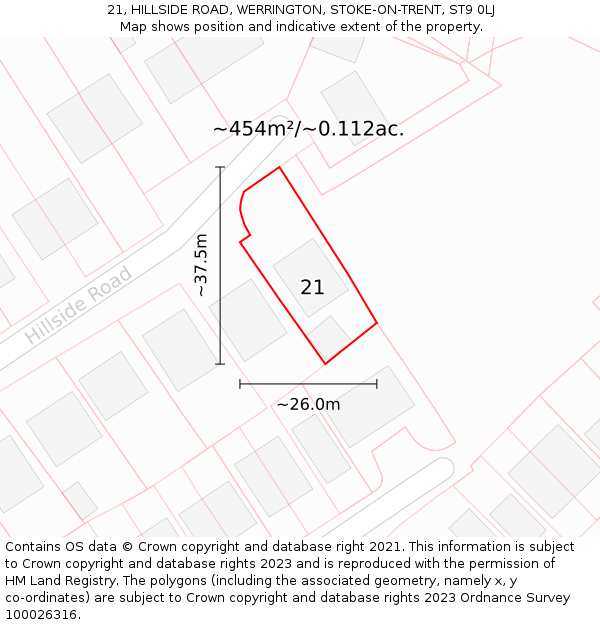 21, HILLSIDE ROAD, WERRINGTON, STOKE-ON-TRENT, ST9 0LJ: Plot and title map