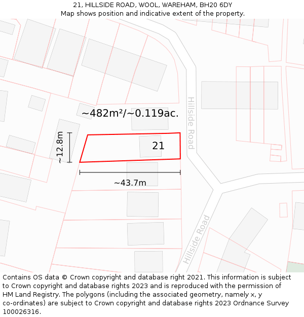 21, HILLSIDE ROAD, WOOL, WAREHAM, BH20 6DY: Plot and title map