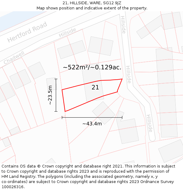 21, HILLSIDE, WARE, SG12 9JZ: Plot and title map