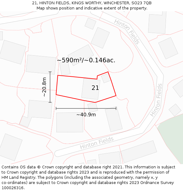 21, HINTON FIELDS, KINGS WORTHY, WINCHESTER, SO23 7QB: Plot and title map