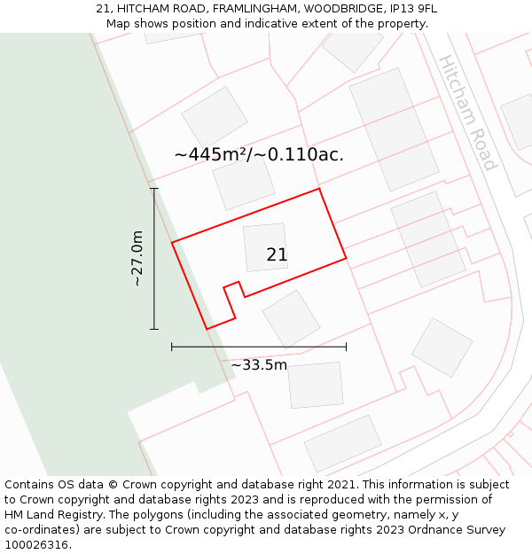 21, HITCHAM ROAD, FRAMLINGHAM, WOODBRIDGE, IP13 9FL: Plot and title map