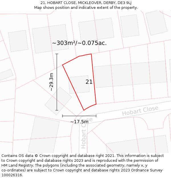 21, HOBART CLOSE, MICKLEOVER, DERBY, DE3 9LJ: Plot and title map