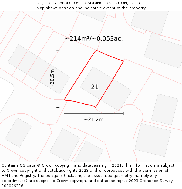 21, HOLLY FARM CLOSE, CADDINGTON, LUTON, LU1 4ET: Plot and title map