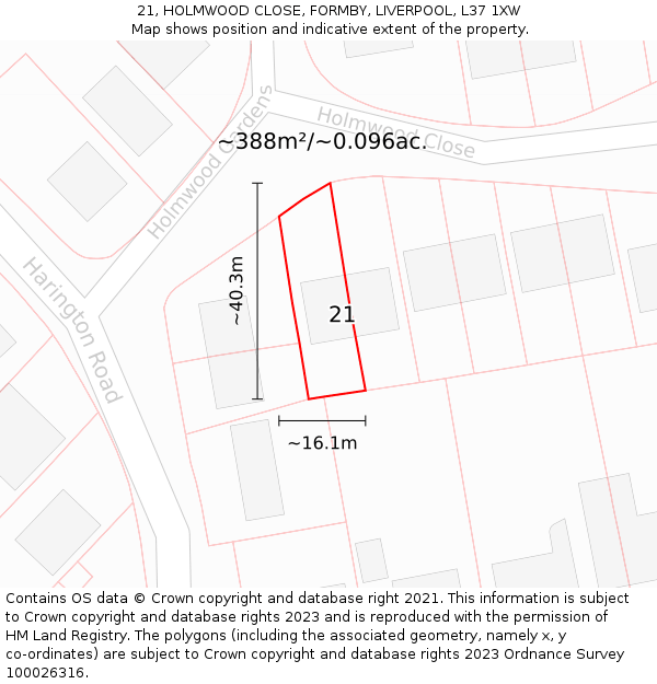 21, HOLMWOOD CLOSE, FORMBY, LIVERPOOL, L37 1XW: Plot and title map