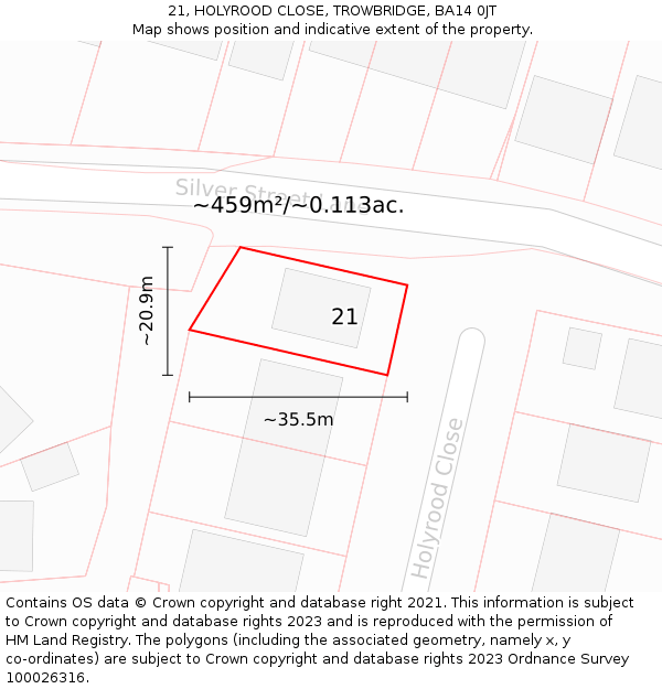 21, HOLYROOD CLOSE, TROWBRIDGE, BA14 0JT: Plot and title map